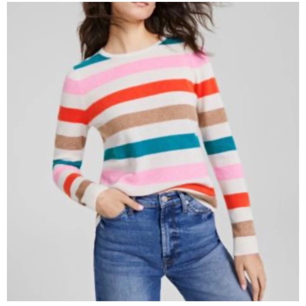 Charter Club Luxury 100% Cashmere Striped Sweater Womens Medium Multi Color Crew